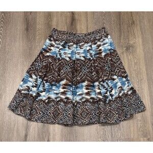 Vintage Skirt Womens 8 Pleated 90s Y2K Silk Linen Boho Southwestern Blue Brown